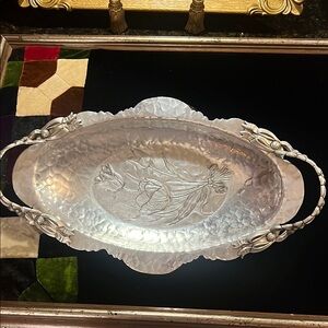 VTG Oval Hand Wrought Aluminum Bread Tray with Tulips by Rodney Kent